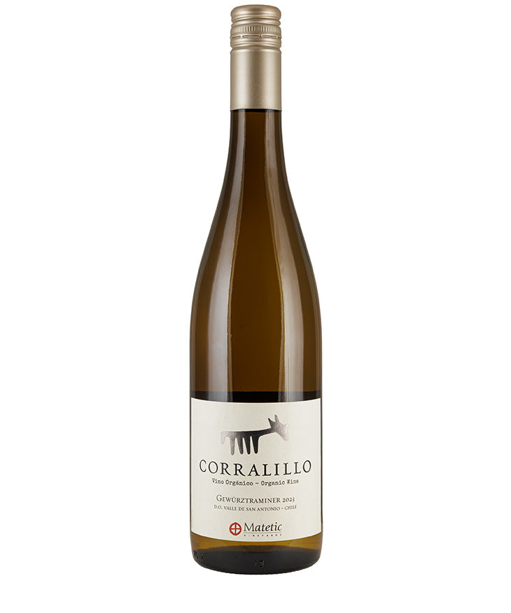 Bottle of Matetic Vineyards Corralillo Gewurztraminer 2024 organic white wine with pale gold label