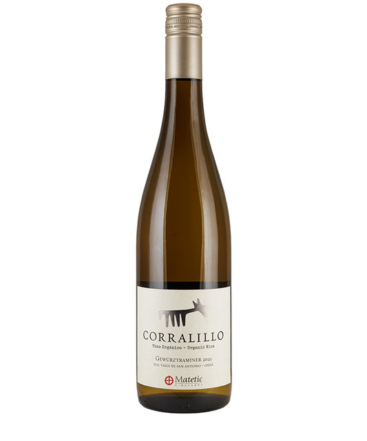 Bottle of Matetic Vineyards Corralillo Gewurztraminer 2024 organic white wine with pale gold label