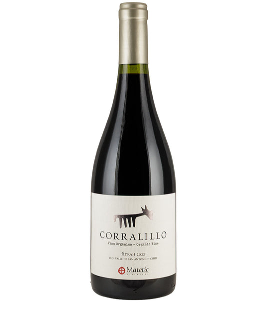 Bottle of Matetic Vineyards Corralillo Syrah 2022 organic red wine with white label and gold foil cap