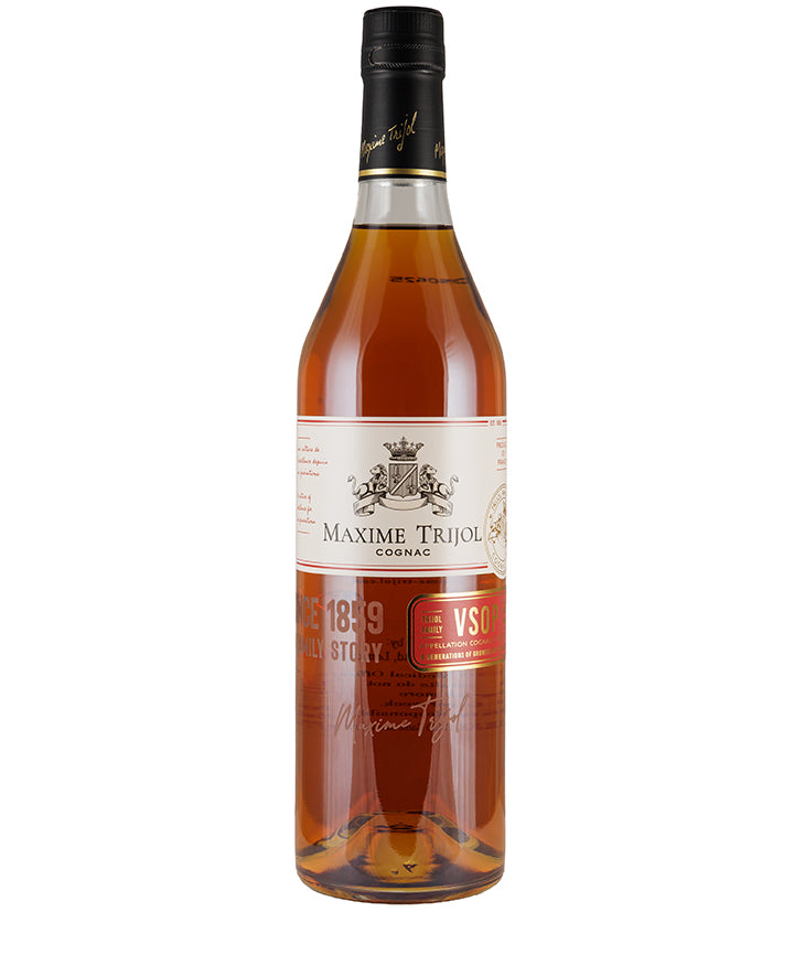 Bottle of Maxime Trijol VSOP Cognac with amber liquid and detailed white label design