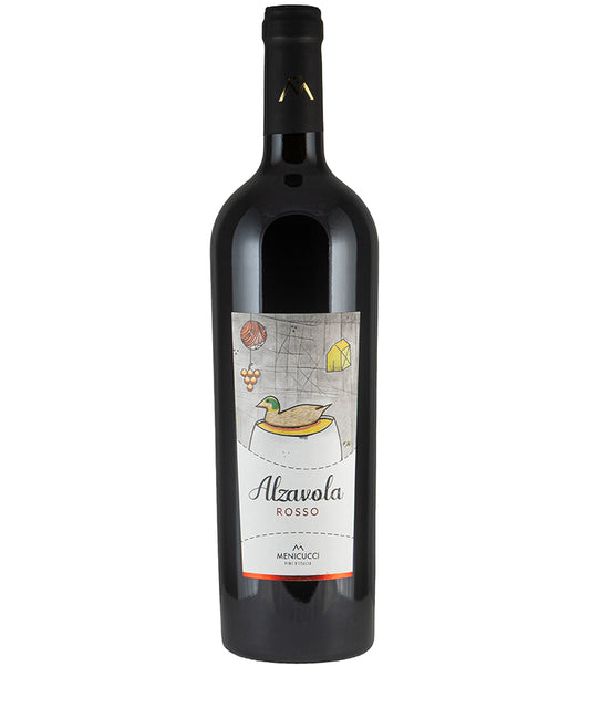Bottle of Menicucci Alzavola Rosso 2021 fine wine with artistic label featuring a duck illustration.