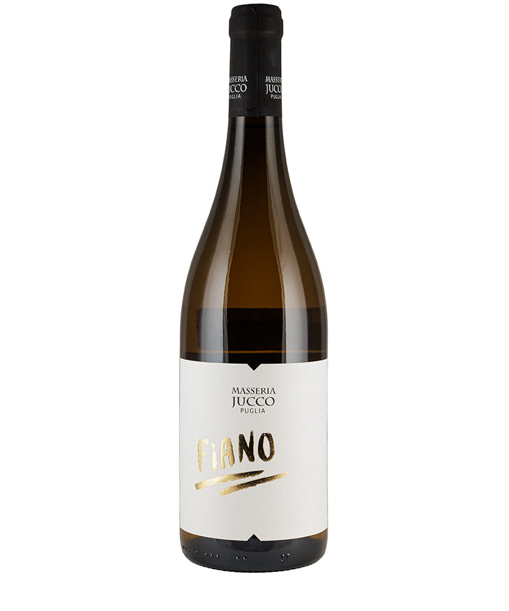 Bottle of Menicucci Masseria Jucco Fiano 2024 white Italian wine with white and gold label