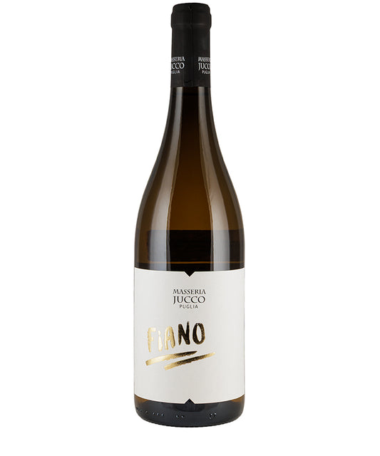 Bottle of Menicucci Masseria Jucco Fiano 2024 white Italian wine with white and gold label