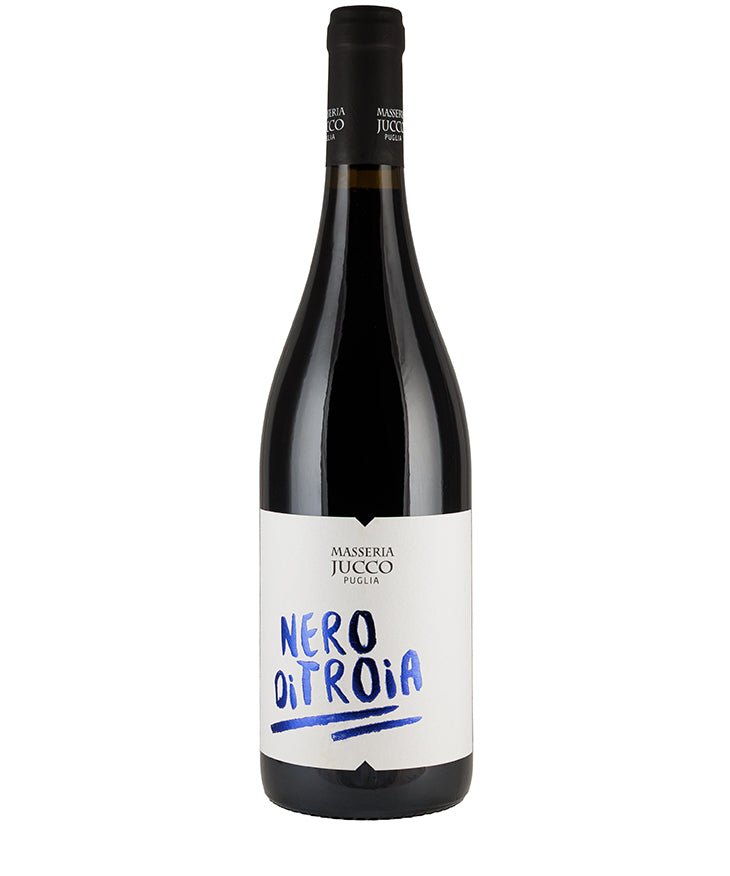 Bottle of Menicucci Masseria Jucco Nero di Troia 2024 red wine with white and blue label