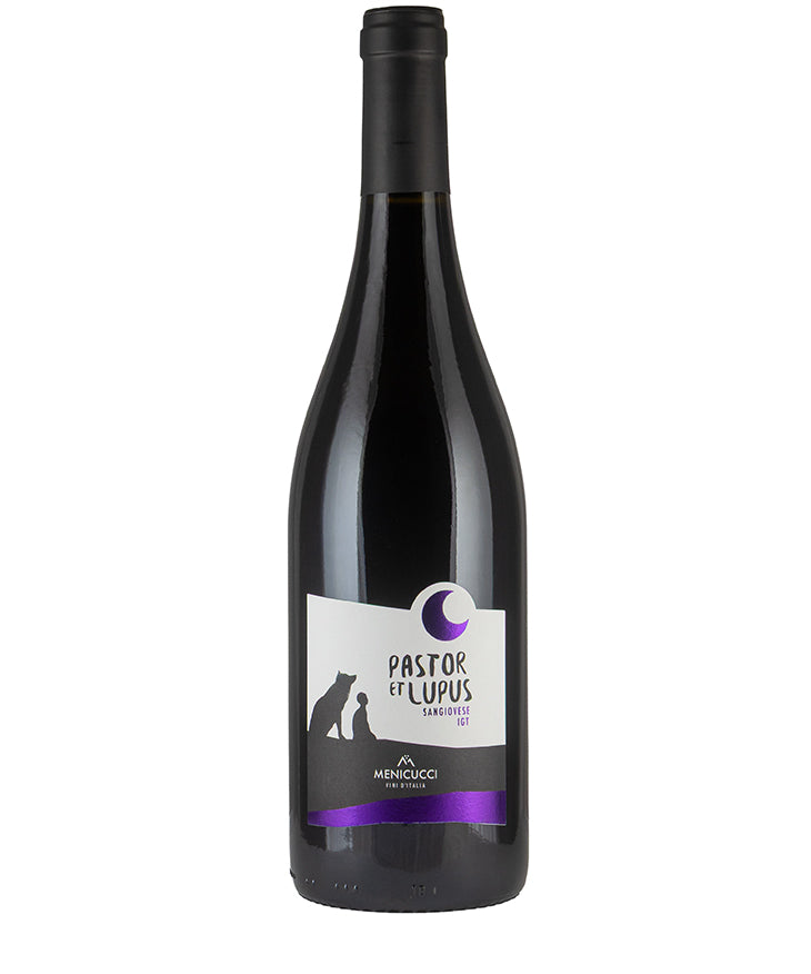 Menicucci Pastor et Lupus Sangiovese 2023 bottle with elegant label featuring wolf and dog silhouettes