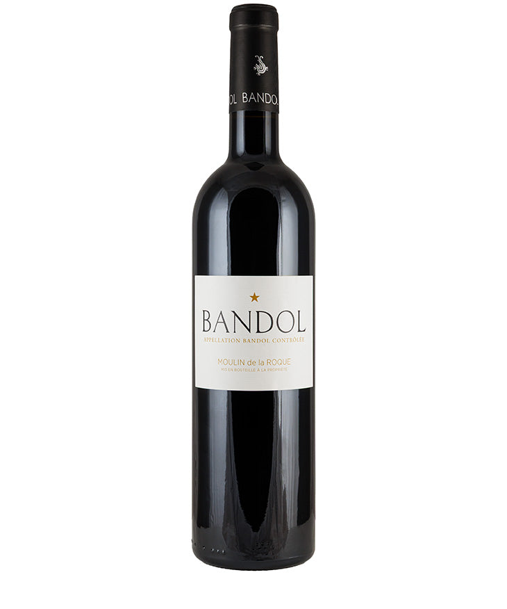 Bottle of Moulin de la Roque Le Castellet Bandol Rouge 2017 French red wine with cream label