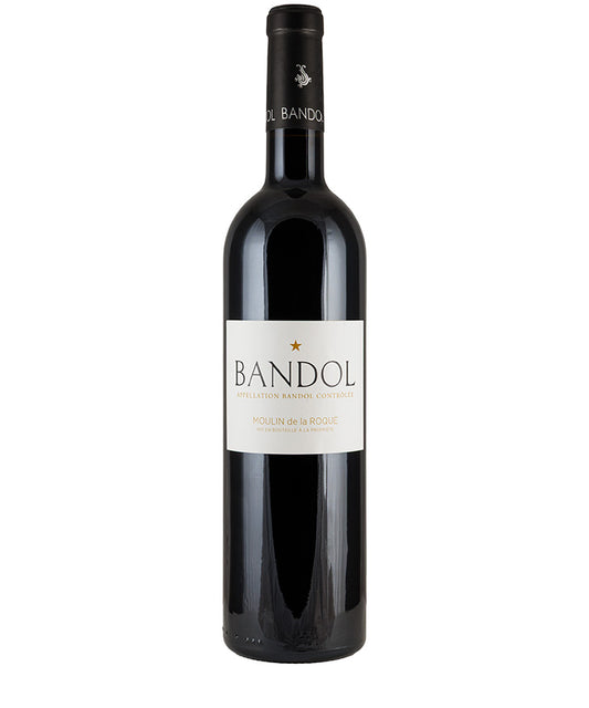 Bottle of Moulin de la Roque Le Castellet Bandol Rouge 2017 French red wine with cream label