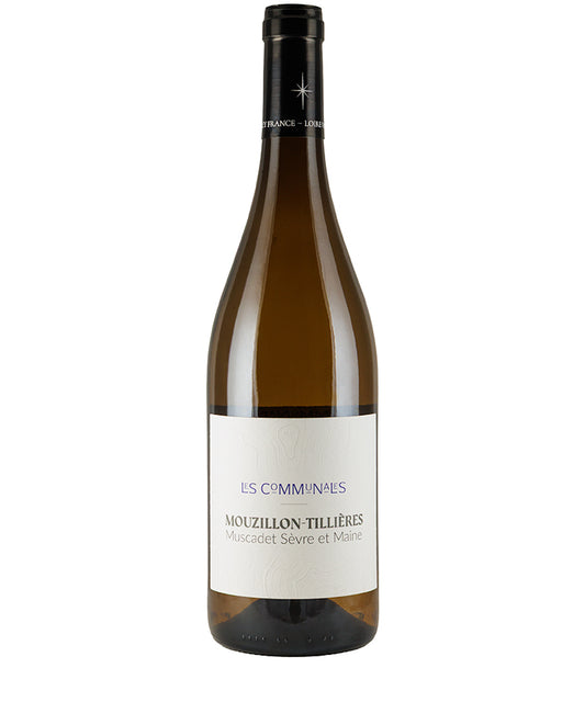 Domaine du Moulin Camus Mouzillon-Tillierès Les Communales Cru Muscadet 2023 white wine bottle on white.