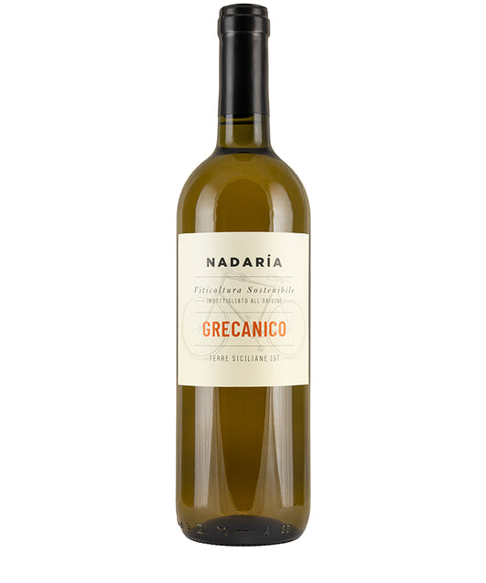 Bottle of Nadaria Grecanico Bianco 2023 white wine with citrus and peach tasting notes from Sicily