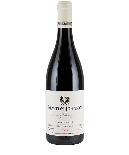 Newton Johnson Family Vineyards Pinot Noir 2023 bottle with white label and dark red wine inside