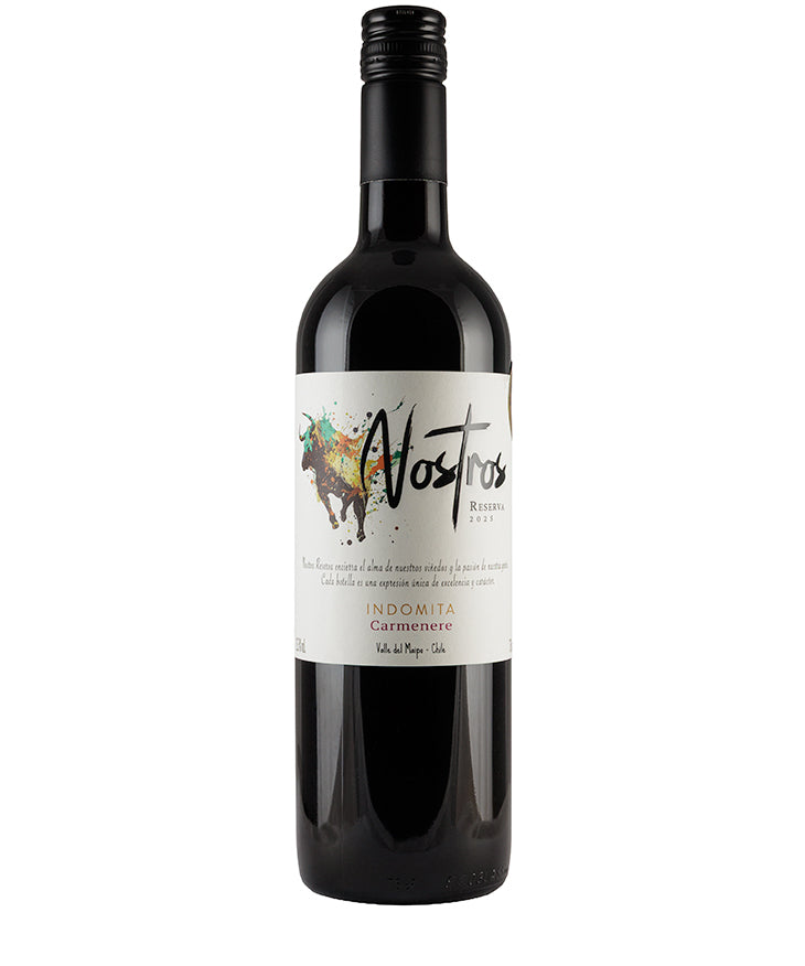 Bottle of Nostros Reserva Carmenere 2025 red wine from Maipo Valley, Chile with colorful bull label