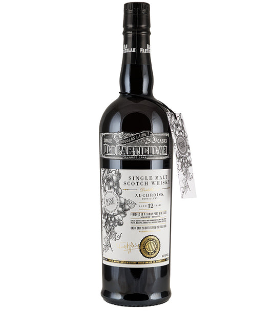 Bottle of Auchroisk 12 Year Old Old Particular Tawny Port Cask single malt Scotch whisky with vintage label