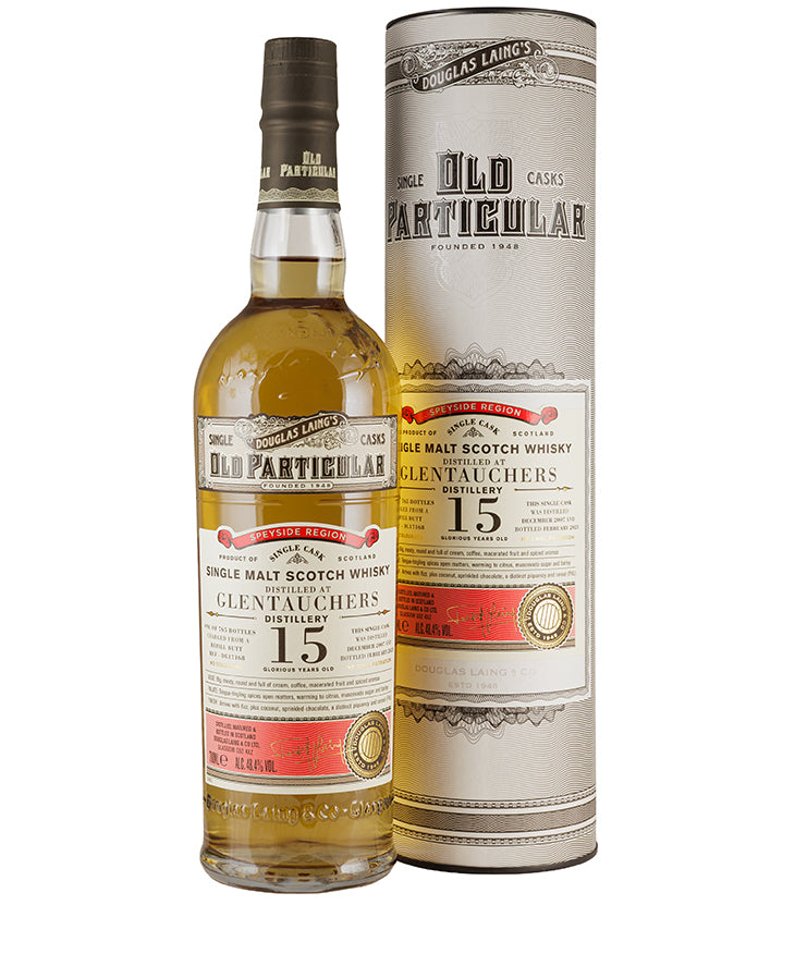 Glentauchers 15 Year Old Old Particular single malt Scotch whisky bottle with cylindrical packaging