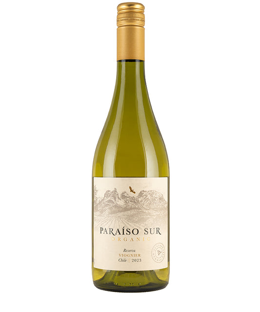 Paraiso Sur Emiliana Organic Viognier 2024 white wine bottle with gold cap and scenic label design