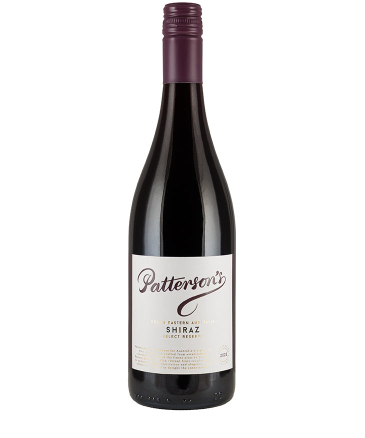 Bottle of Patterson's Reserve Shiraz 2023 red wine from South Eastern Australia with a purple screw cap