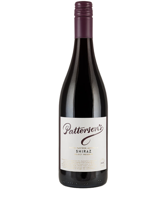 Bottle of Patterson's Reserve Shiraz 2023 red wine from South Eastern Australia with a purple screw cap