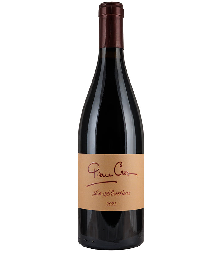 Pierre Cros Le Barthas Minervois 2023 red wine bottle with elegant beige label and deep ruby color from France