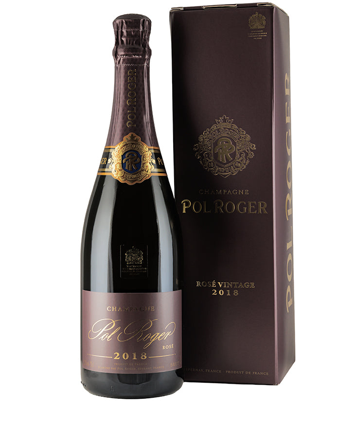 Bottle and box of Pol Roger Brut Rose Vintage Champagne 2019 sparkling wine uk delivery