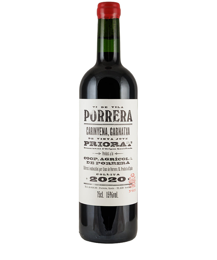 Bottle of Cims de Porrera Vi de Vila Tinto Priorat 2020 Spanish red wine with a white label and red cap
