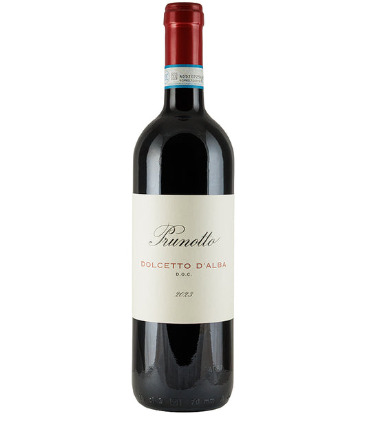 Bottle of Prunotto Dolcetto d'Alba 2024 red wine with simple white label and red foil capsule