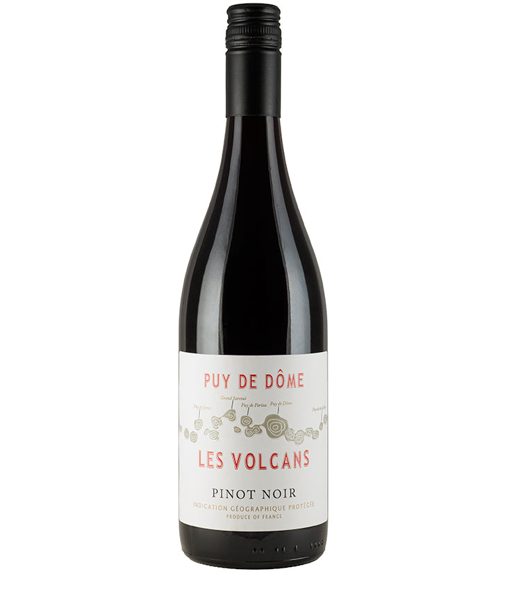 Bottle of Desprat Saint-Verny Les Volcans Pinot Noir Puy de Dôme 2023 red wine with white label.