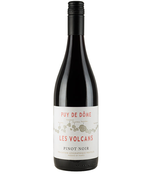 Bottle of Desprat Saint-Verny Les Volcans Pinot Noir Puy de Dôme 2023 red wine with white label.