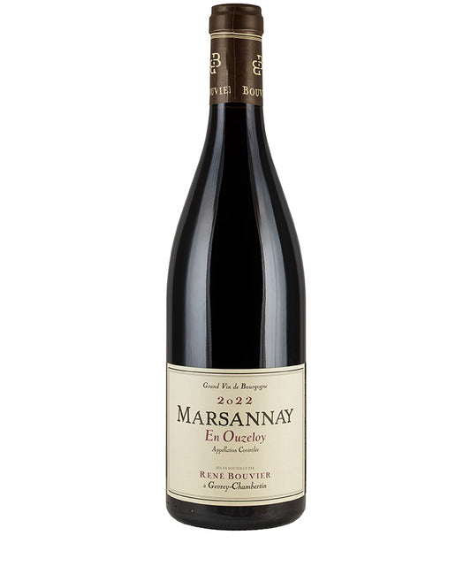 Bottle of Rene Bouvier Marsannay Rouge Ouzeloy 2022 French red wine with cream label and dark capsule
