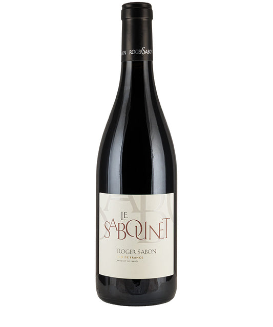 Bottle of Domaine Roger Sabon Le Sabounet NV red wine with simple cream label and black foil top