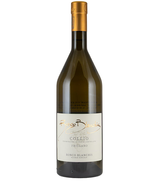 Ronco Blanchis Friulano Collio 2023 Italian white wine with citrus and herbal notes in a clear bottle with gold cap