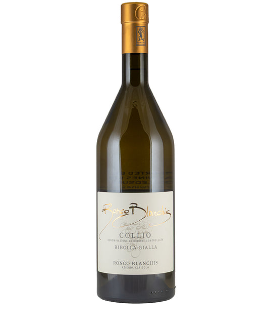 Ronco Blanchis Ribolla Gialla Collio 2023 white wine bottle with gold cap and elegant label design