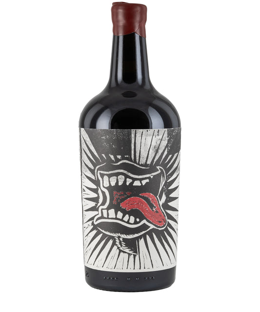 Blank Bottle Jaaa-Bru!! 2023 fine wine bottle with artistic label featuring a red tongue and open mouth design