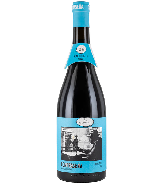 Bottle of Contrasena Dealcoholised Monastrell NV with blue label featuring vintage black and white image and 0% alcohol text