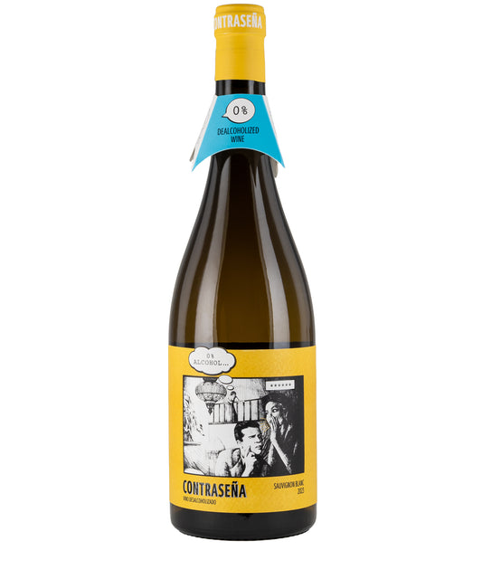 Contrasena Dealcoholised Sauvignon Blanc NV bottle with yellow label and blue tag showcasing dealcoholised wine.