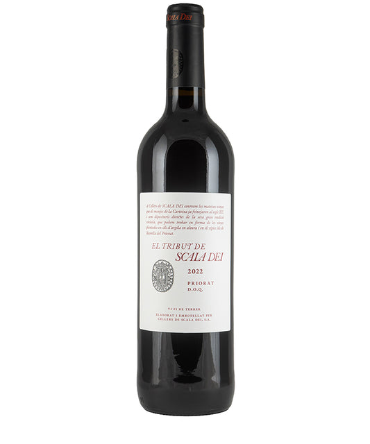 El Tribut de Scala Dei Priorat 2023 fine red wine bottle with classic label in clear studio lighting