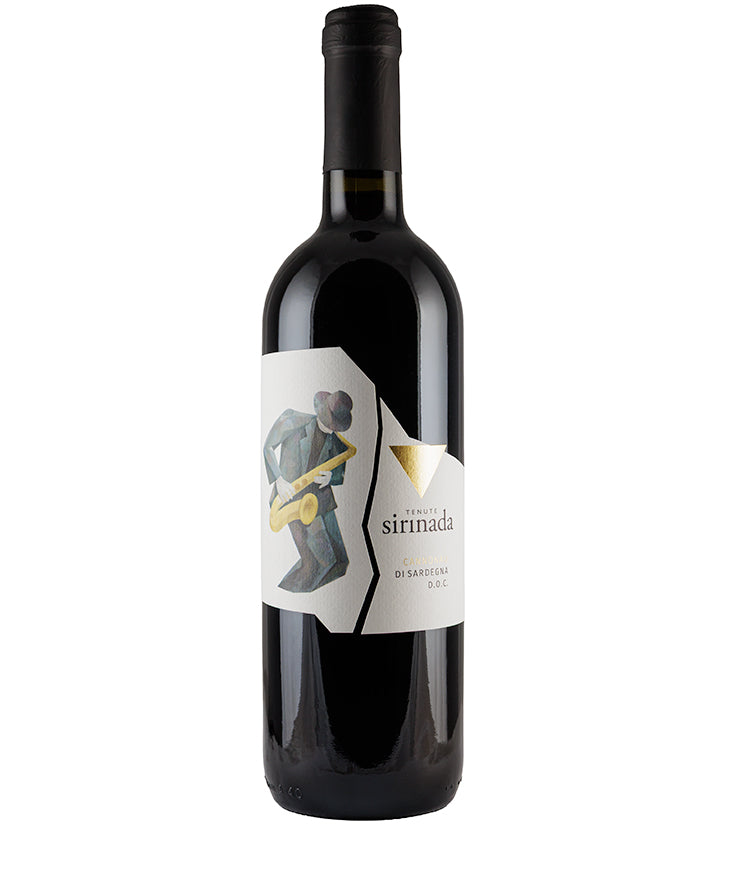 Bottle of Tenute Sirinada Cannonau di Sardegna 2022 red wine from Sardinia Italy with artistic label design