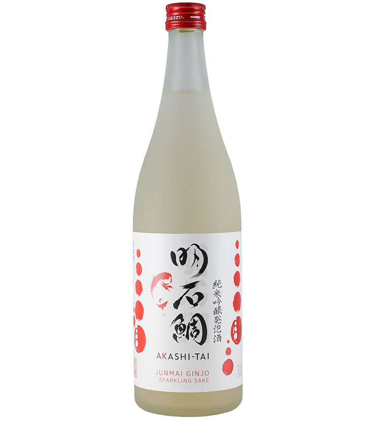 Bottle of Akashi-Tai Junmai Ginjo Sparkling Sake 72cl with a white and red label on white background