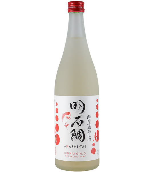 Bottle of Akashi-Tai Junmai Ginjo Sparkling Sake 72cl with a white and red label on white background