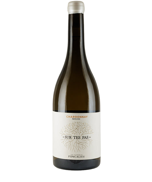 Les Vignobles Foncalieu Chardonnay Sur Tes Pas 2025 white wine bottle on a plain background