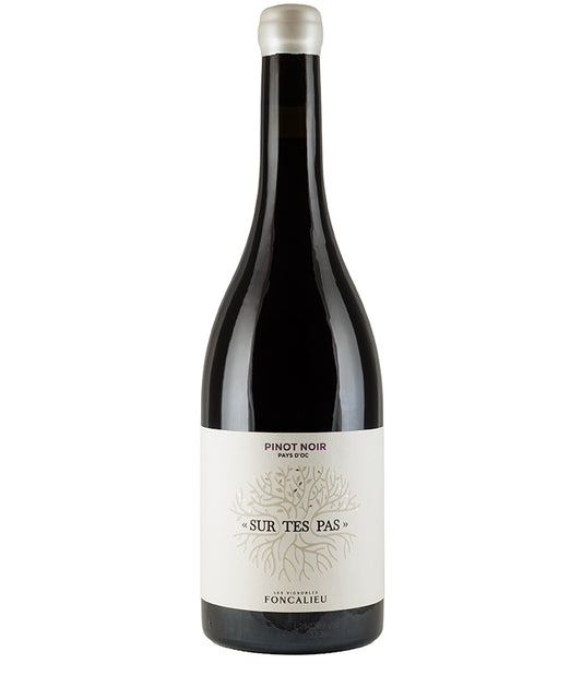 Bottle of Les Vignobles Foncalieu Pinot Noir Sur Tes Pas 2025 red wine with white label and natural design