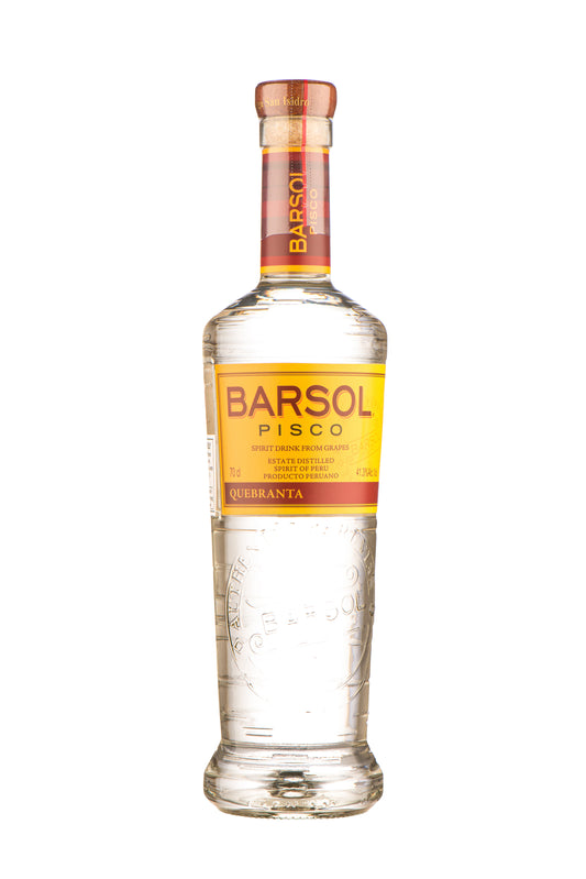 Bottle of Barsol Quebranta Primero Pisco, a clear Peruvian spirit made from Quebrante grapes with 41.3% ABV