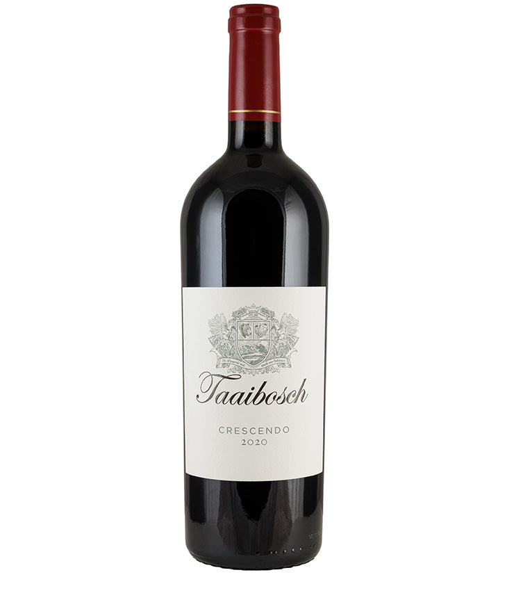 Bottle of Taaibosch Crescendo 2021 red wine with a red foil capsule and white label