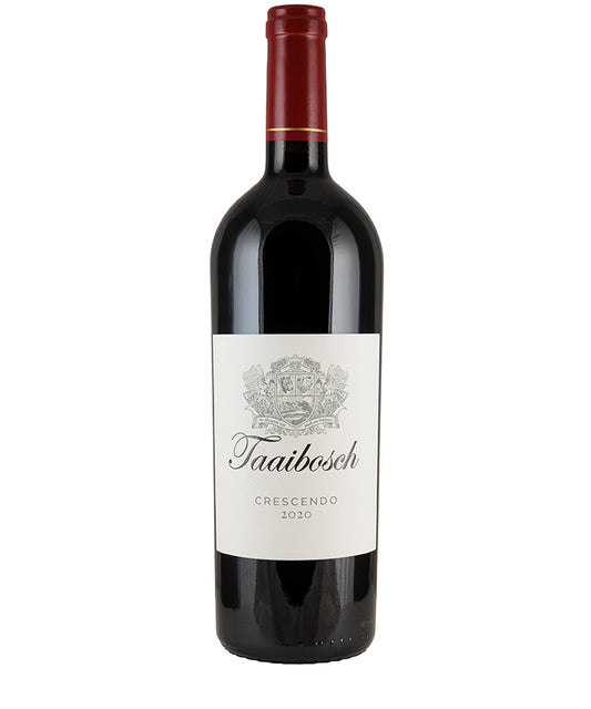 Bottle of Taaibosch Crescendo 2021 red wine with a red foil capsule and white label
