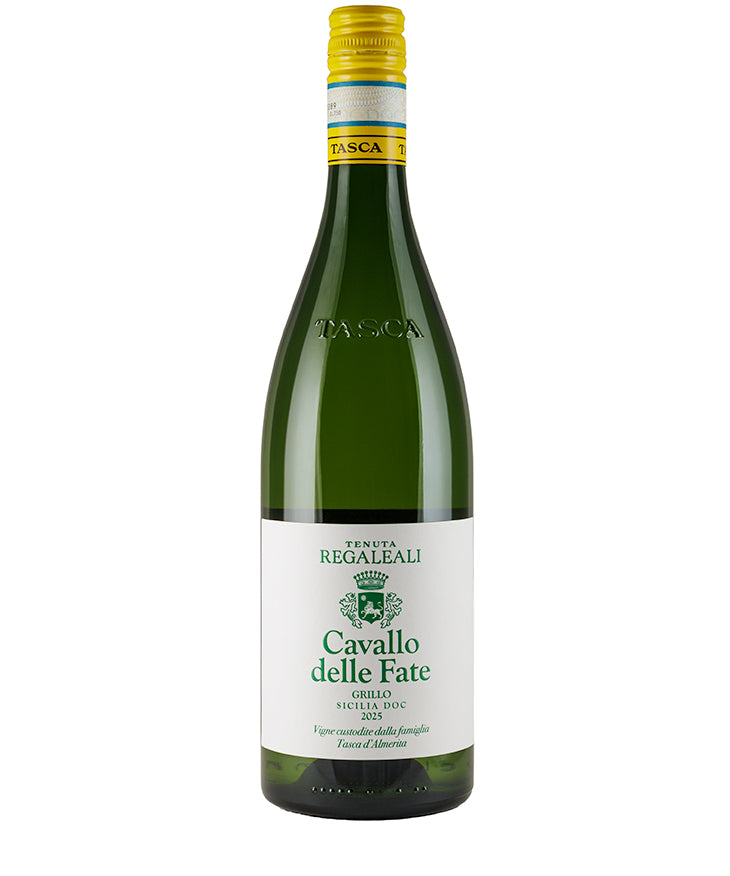 Green bottle of Tenuta Regaleali Tasca Cavallo delle Fate Grillo 2025 white wine with yellow cap