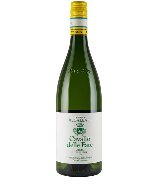 Green bottle of Tenuta Regaleali Tasca Cavallo delle Fate Grillo 2025 white wine with yellow cap