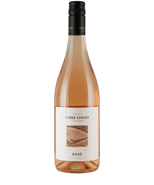 Three Choirs English Rose 2025 bottle showing pale rosé wine with vineyard label and black cap