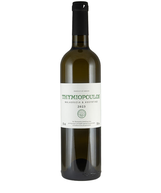 Bottle of Thymiopoulos Malagouzia/Assyrtiko 2024 white wine from Greece with a clean white label
