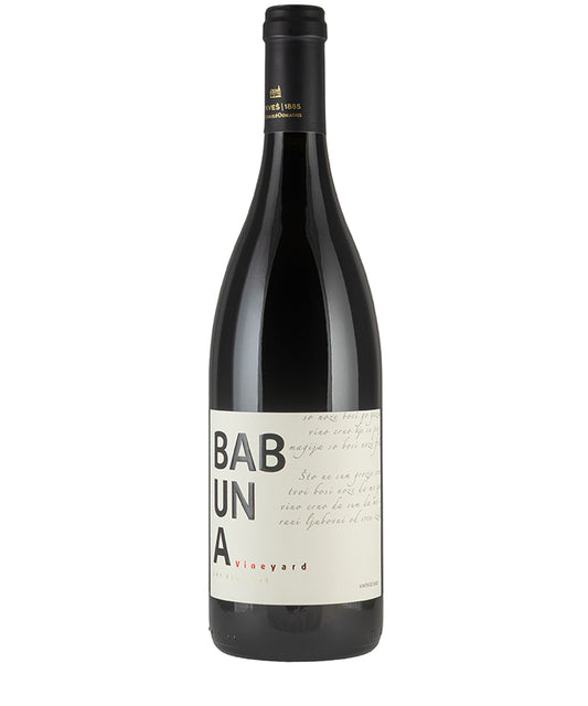 Bottle of Tikves Babuna Red 2022 fine wine from Macedonia with a modern minimal label design