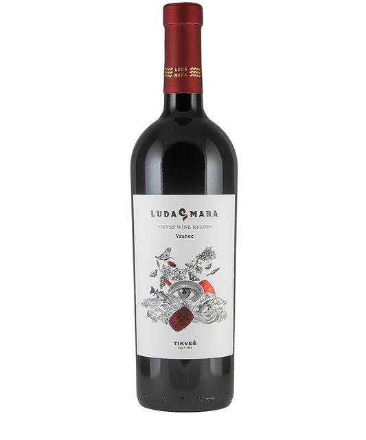 Bottle of Tikves Luda Mara Vranec 2022 red wine with artistic label from Macedonia Serbian wine region