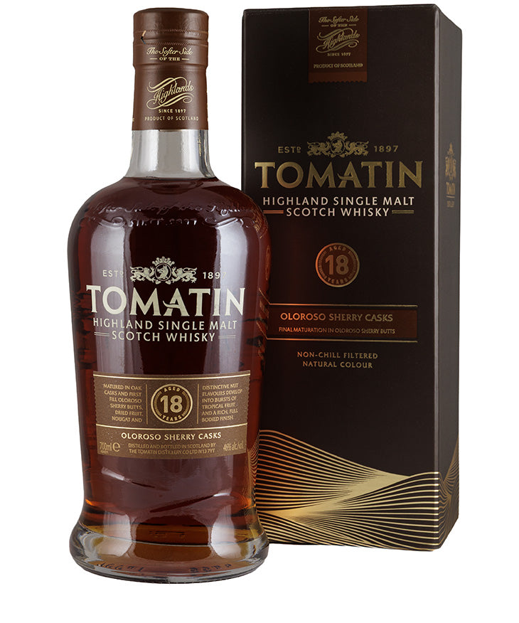 Tomatin 18 Year Old Oloroso Sherry Single Malt Whisky from Scotland aged 18 years – spirit bottle image