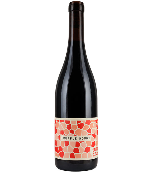 Unico Zelo Truffle Hound Barbera Nebbiolo Blend 2022 bottle with modern mosaic label design fine red wine